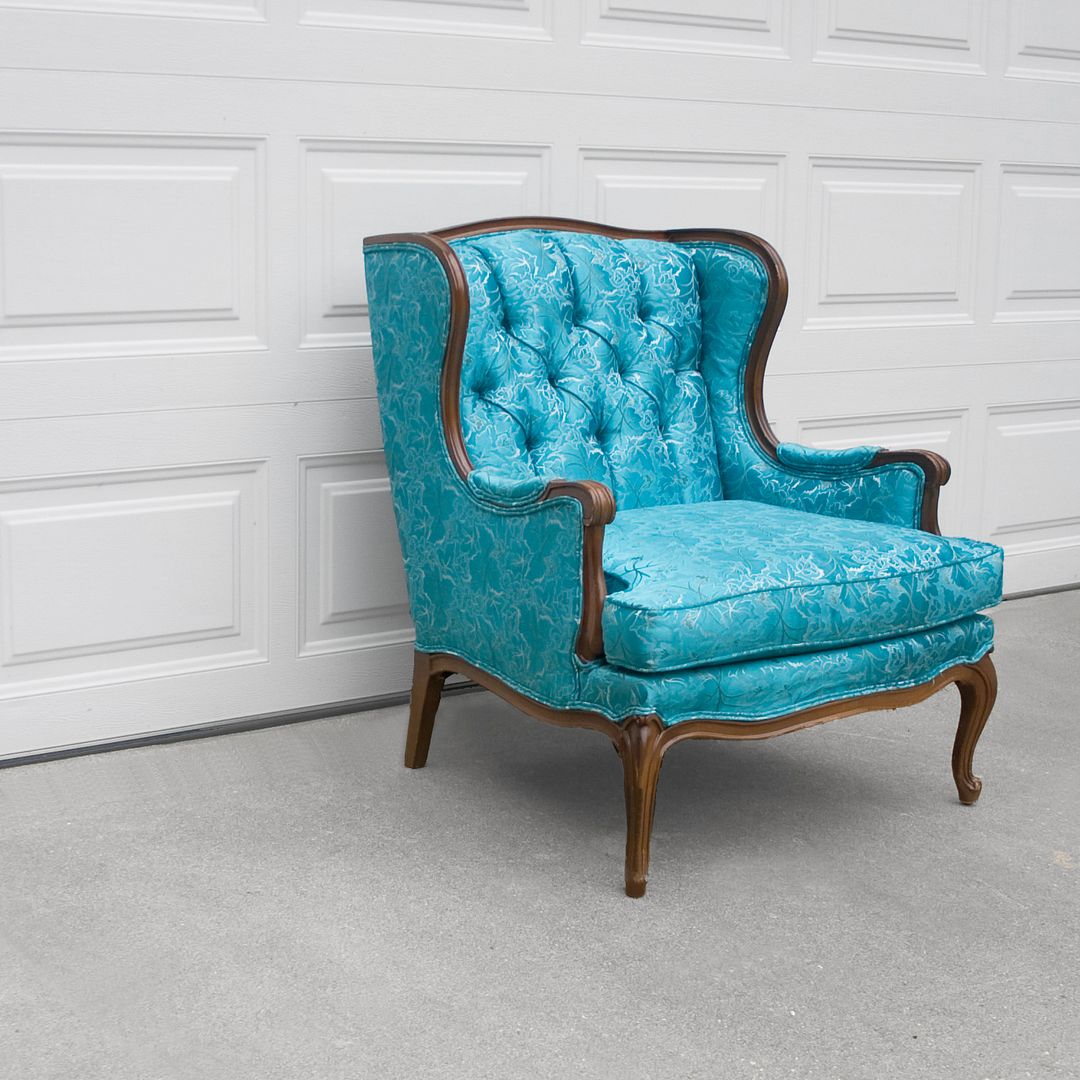 Vtg French Hollywood Regency Turquoise Satin Brocade Tufted Wing Back